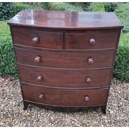 316 - A VICTORIAN MAHOGANY BOW FRONTED CHEST
With two short above three long drawers, wooden handles, on s... 