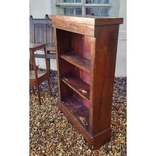 317 - A LATE VICTORIAN ADAMS REVIVAL WALNUT AND MARQUETRY INLAID OPEN BOOKCASE
Decorated with urn and swag... 