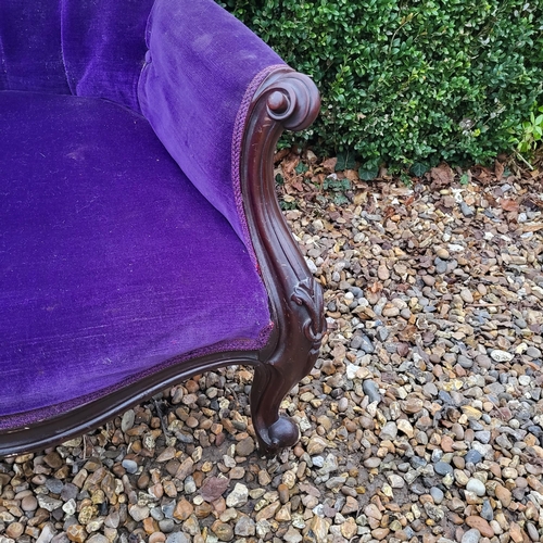 324 - A VICTORIAN MAHOGANY FRAMED SPOON BACK ARMCHAIR
In deep purple button back upholstery, scroll arm, o... 