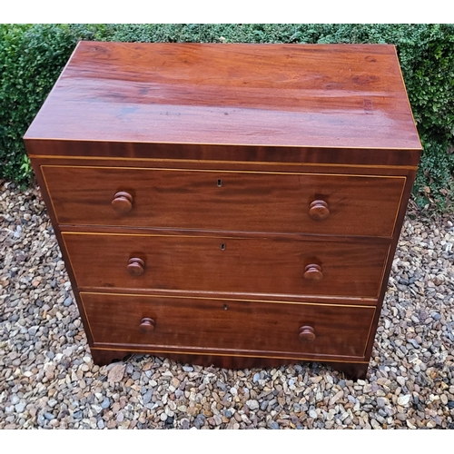 340 - A VICTORIAN MAHOGANY CHEST OF THREE LONG DRAWERS
Fitted with knob handles, on shaped apron on bracke... 