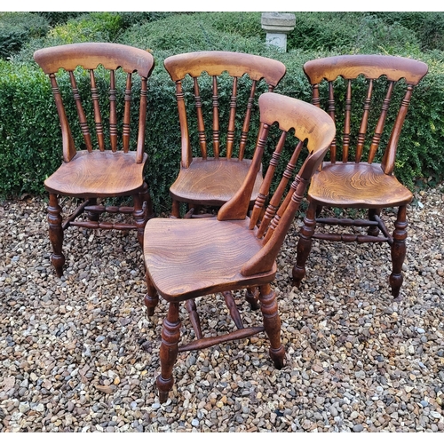 341 - A SET OF FOR MID VICTORIAN BEECHWOOD AND ELM SEATED COUNTRY FARMHOUSE DINING CHAIRS
With turned spin... 