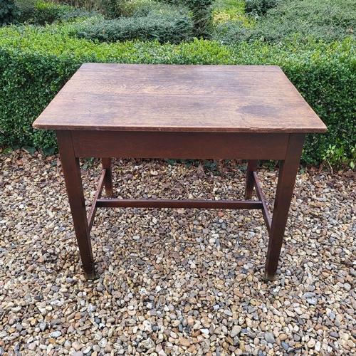 347 - A 19TH CENTURY OAK FARMHOUSE TABLE
Having a plank top single drawer, on square tapering legs.
(w 67c... 