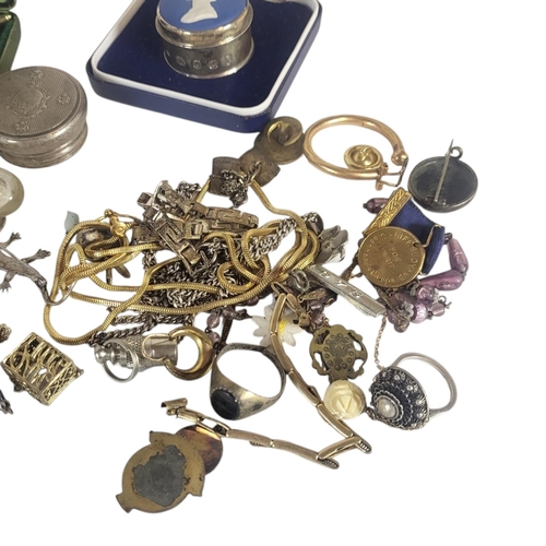 74 - A COLLECTION OF VINTAGE COSTUME JEWELLERY
To include a silver and Wedgwood jasper ware box with port... 