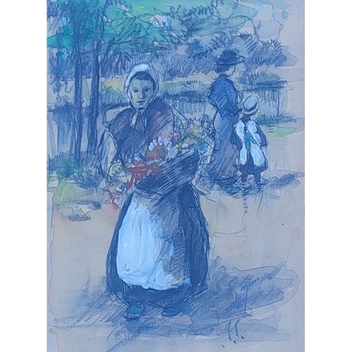 23 - 19TH CENTURY CONTINENTAL SCHOOL WATERCOLOUR AND CRAYON ON PAPER
Women with basket, signed with initi... 