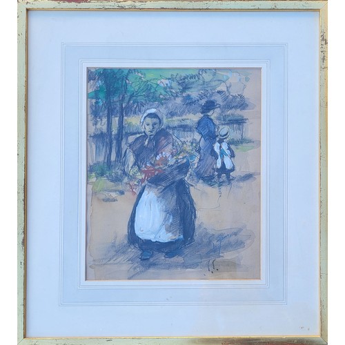 23 - 19TH CENTURY CONTINENTAL SCHOOL WATERCOLOUR AND CRAYON ON PAPER
Women with basket, signed with initi... 