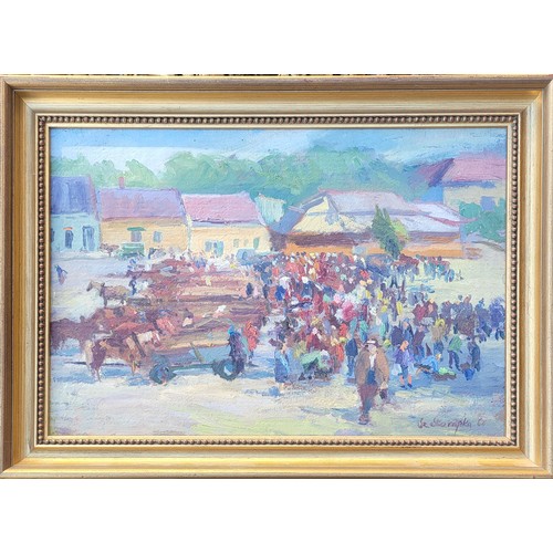 30 - SZCZEPAN SKORUPKA, POLISH, 1903 - 1997, OIL ON CANVAS
Crown with horses and carts, signed 'LR', date... 