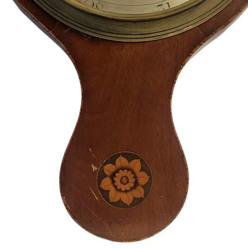 138 - A GEORGIAN MAHOGANY INLAID MERCURIAL WHEEL BAROMETER
With broken pediment and shell decoration, mark... 