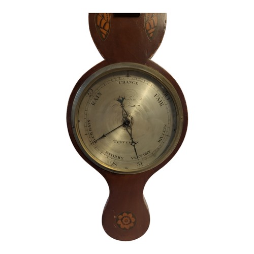 138 - A GEORGIAN MAHOGANY INLAID MERCURIAL WHEEL BAROMETER
With broken pediment and shell decoration, mark... 