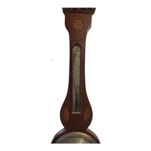 138 - A GEORGIAN MAHOGANY INLAID MERCURIAL WHEEL BAROMETER
With broken pediment and shell decoration, mark... 