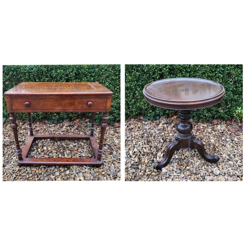 314 - A VICTORIAN WALNUT SIDE TABLE
With single drawer on turned legs along with a mahogany dish top occas... 