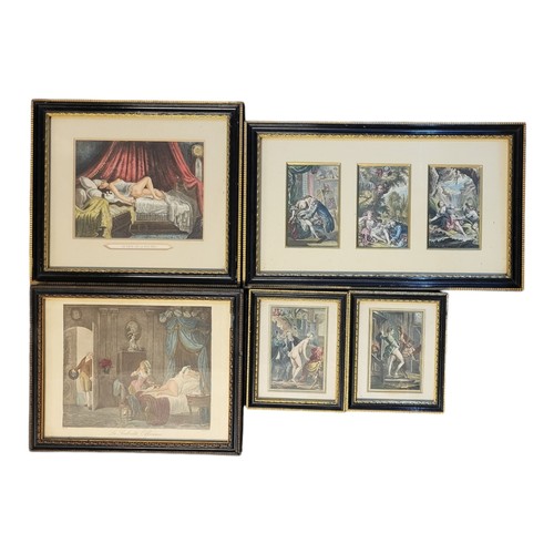 41A - EROTIC INTEREST, A SET OF FIVE 19TH CENTURY FRENCH COLOURED ENGRAVINGS 
Depicting boudoir and garden... 