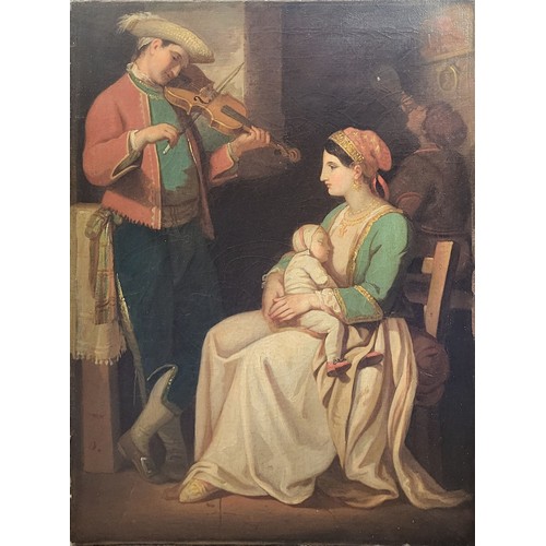 19 - AN EARLY 19TH CENTURY CONTINENTAL SCHOOL OIL ON CANVAS, INTERIOR SCENE, YOUNG MOTHER HOLDNG SLEEPING... 