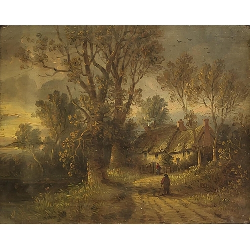 49 - ROBERT BURROWS, FL 1851 - 1856, OIL ON BOARD 
Landscape, thatched cottage with figures, unsigned, be... 