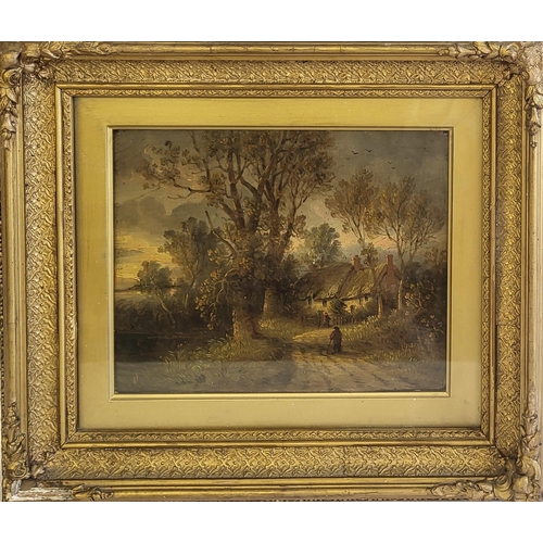 49 - ROBERT BURROWS, FL 1851 - 1856, OIL ON BOARD 
Landscape, thatched cottage with figures, unsigned, be... 