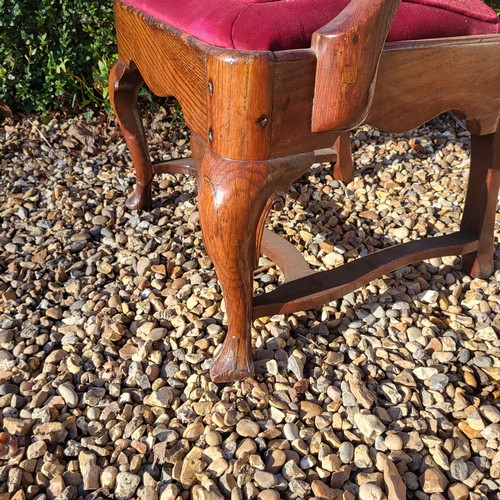 369 - AN 18TH CENTURY OAK OPEN ARMCHAIR
With vase splat back, scroll arms, tapestry upholstered seat deep ... 