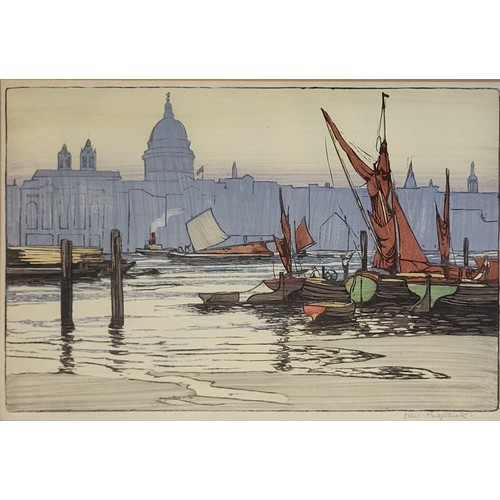 38 - ETHEL KIRKPATRTICK, 1869 - 1966, COLOUR WOODCUT 
Landscape view of London, with sailing boats and a ... 