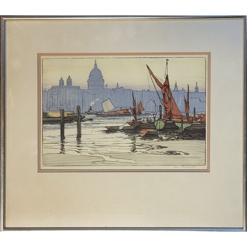 38 - ETHEL KIRKPATRTICK, 1869 - 1966, COLOUR WOODCUT 
Landscape view of London, with sailing boats and a ... 