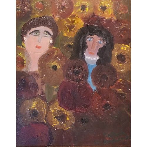 39 - A 20TH CENTURY ITALIAN OIL ON CANVAS, PORTRAIT OF TWO FEMALE FIGURES
Within an abstract floral patte... 