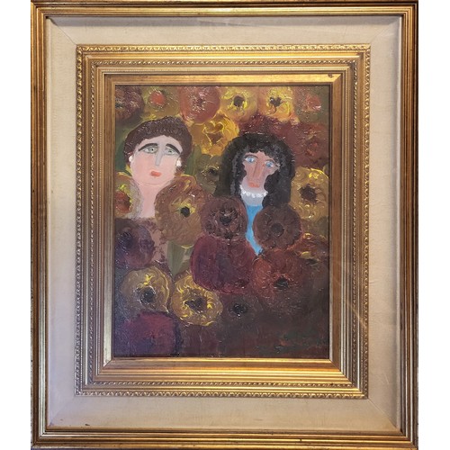 39 - A 20TH CENTURY ITALIAN OIL ON CANVAS, PORTRAIT OF TWO FEMALE FIGURES
Within an abstract floral patte... 