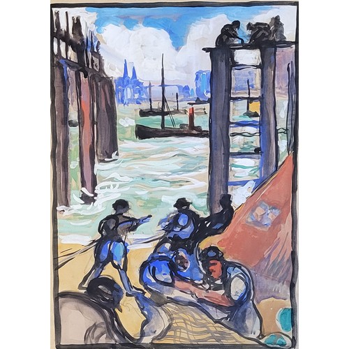 40 - IN THE MANNER OF GUNTER SKRODZKI, A 20TH CENTURY ABSTRACT WATERCOLOUR 
Coastal view, harbour with st... 