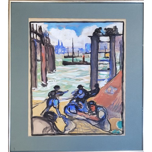 40 - IN THE MANNER OF GUNTER SKRODZKI, A 20TH CENTURY ABSTRACT WATERCOLOUR 
Coastal view, harbour with st... 