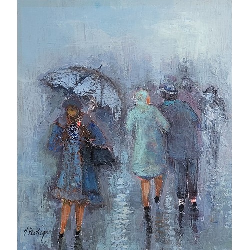 35A - MARCEL PELTIER, A 20TH CENTURY FRENCH OIL ON CANVAS 
Landscape, Rainy day with a female figure clutc... 