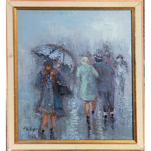 35A - MARCEL PELTIER, A 20TH CENTURY FRENCH OIL ON CANVAS 
Landscape, Rainy day with a female figure clutc... 