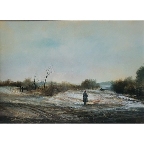 37A - JOHN BOND, BN 1945, A GOUACHE ON PAPER
Winter landscape, figure wearing a red beret on a country pat... 