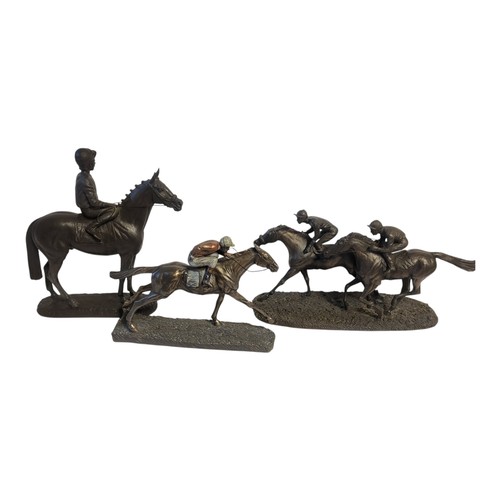 210 - A LATE 20TH CENTURY BRONZED EQUESTRIAN FIGURAL GROUP, RACING HORSES ABD MOUNTED JOCKEYS 
Along with ... 