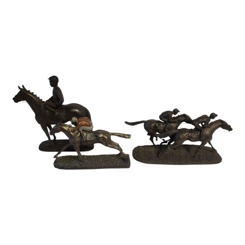 210 - A LATE 20TH CENTURY BRONZED EQUESTRIAN FIGURAL GROUP, RACING HORSES ABD MOUNTED JOCKEYS 
Along with ... 