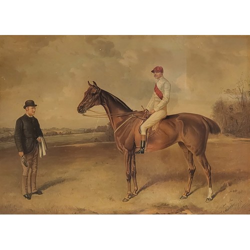 48A - A LATE VICTORIAN COLOURED PRINT OF EQUESTRIAN MOUNTED JOCKEY AND HIS ATTENDANT 
Rural landscape view... 
