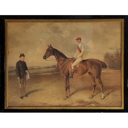 48A - A LATE VICTORIAN COLOURED PRINT OF EQUESTRIAN MOUNTED JOCKEY AND HIS ATTENDANT 
Rural landscape view... 