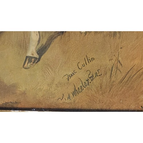 48A - A LATE VICTORIAN COLOURED PRINT OF EQUESTRIAN MOUNTED JOCKEY AND HIS ATTENDANT 
Rural landscape view... 