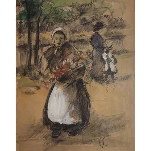 23 - 19TH CENTURY CONTINENTAL SCHOOL WATERCOLOUR AND CRAYON ON PAPER
Women with basket, signed with initi... 