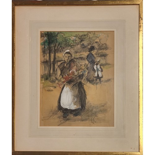 23 - 19TH CENTURY CONTINENTAL SCHOOL WATERCOLOUR AND CRAYON ON PAPER
Women with basket, signed with initi... 