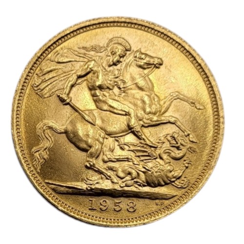 98 - A QUEEN ELIZABETH II 22CT GOLD FULL SOVEREIGN COIN, DATED 1958 
With King George and dragon to rever... 