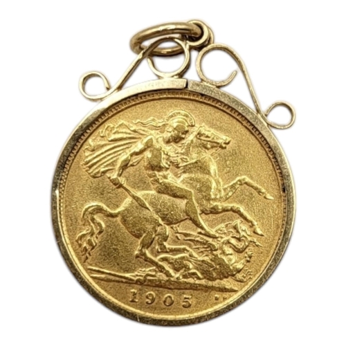 99 - A KING EDWARD VII 22CT GOLD HALF SOVEREIGN PENDANT, DATED 1905 
With portrait bust and George and dr... 