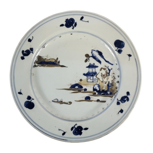 102 - AN 18TH CENTURY CHINESE EXPORT PLATE
Hand painted with an exotic landscape in blue and gilt pallet, ... 