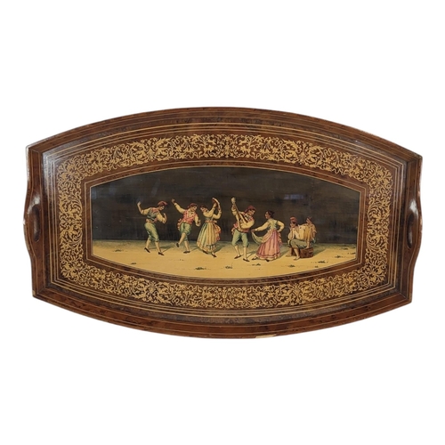 104 - AN EARLY 20TH CENTURY ITALIAN SORRENTO WARE OLIVE WOOD GALLERY TRAY
Twin handles with glazed inlaid ... 