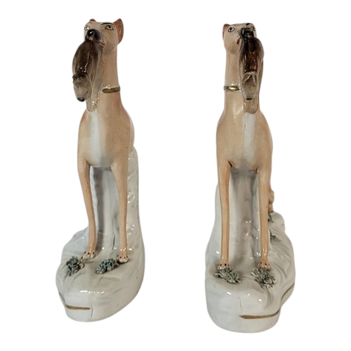 111 - A PAIR OF 19TH CENTURY STAFFORDSHIRE POTTERY WHIPPETS WITH RABBITS FIGURES
Standing pose with encrus... 