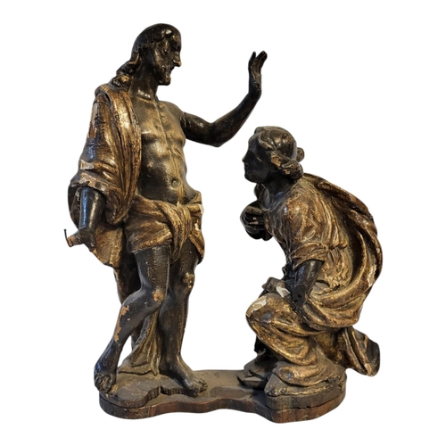 127 - AN 18TH/19TH CENTURY GERMAN/FLEMISH SCHOOL ECCLESIASTICAL CARVED WOOD AND GILDED GESSO FIGURAL GROUP... 