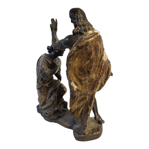 127 - AN 18TH/19TH CENTURY GERMAN/FLEMISH SCHOOL ECCLESIASTICAL CARVED WOOD AND GILDED GESSO FIGURAL GROUP... 