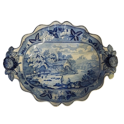 143 - AN EARLY 19TH CENTURY STAFFORDSHIRE PEARLWARE BLUE AND WHITE TWIN HANDLED CHESTNUT DESSERT BASKET ON... 