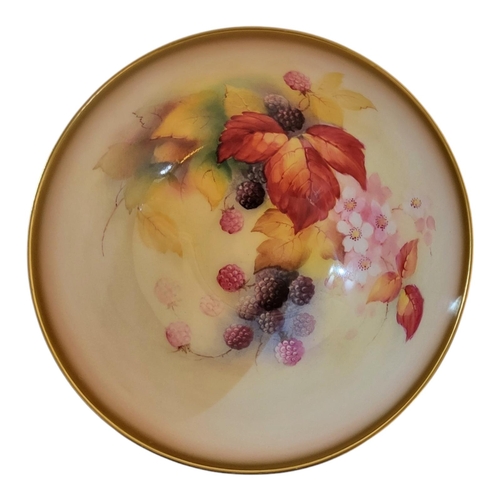 157 - KITTY BLAKE FOR ROYAL WORCESTER, A BONE CHINA PEDESTAL BOWL, 1905 - 1953
Painted with fallen fruits ... 