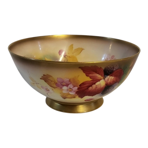 157 - KITTY BLAKE FOR ROYAL WORCESTER, A BONE CHINA PEDESTAL BOWL, 1905 - 1953
Painted with fallen fruits ... 