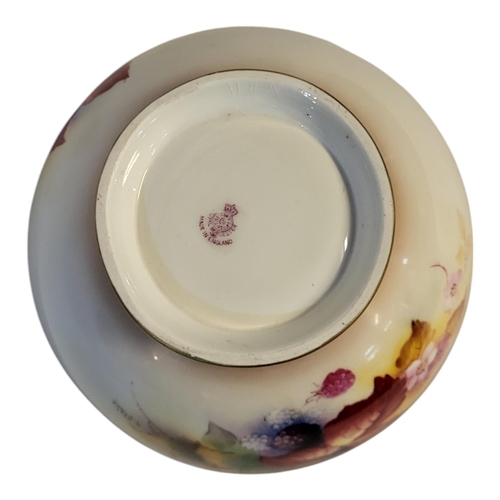 157 - KITTY BLAKE FOR ROYAL WORCESTER, A BONE CHINA PEDESTAL BOWL, 1905 - 1953
Painted with fallen fruits ... 