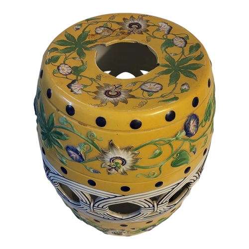 184 - A 20TH CENTURY CHINESE POTTERY GARDEN SEAT
Yellow ground with pierced and embossed decoration.
(appr... 