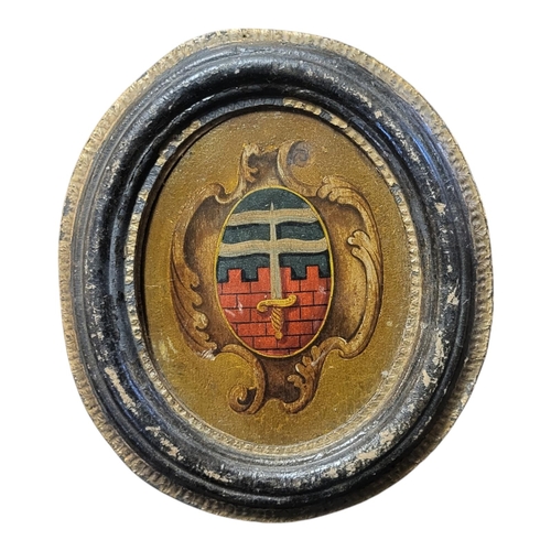 305 - A 19TH CENTURY OVAL OIL ON BOARD, MEDIEVAL COAT OF ARMS, FRAMED. 
(w 20cm x h 22cm)

Condition: fram... 