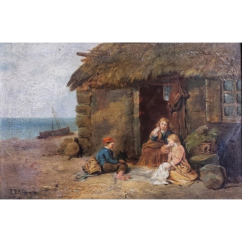 307 - J.E. KINNARA, 19TH CENTURY OIL ON PANEL, FISHER FOLK REPAIR BEACHSIDE COTTAGE.
(w 37cm x h 30cm)