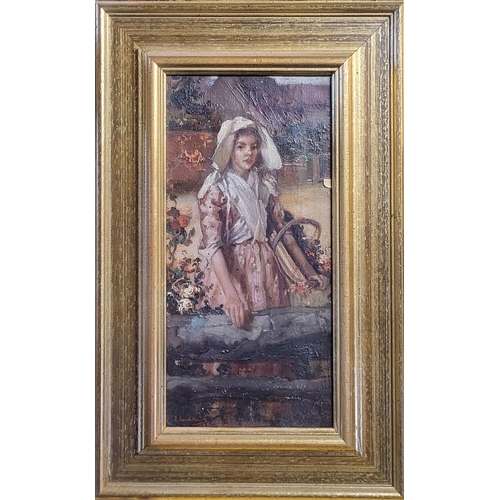 308 - A 19TH CENTURY OIL ON CANVAS, DUTCH MAIDEN, GILT FRAMED. 
(w 27cm x h 42cm)